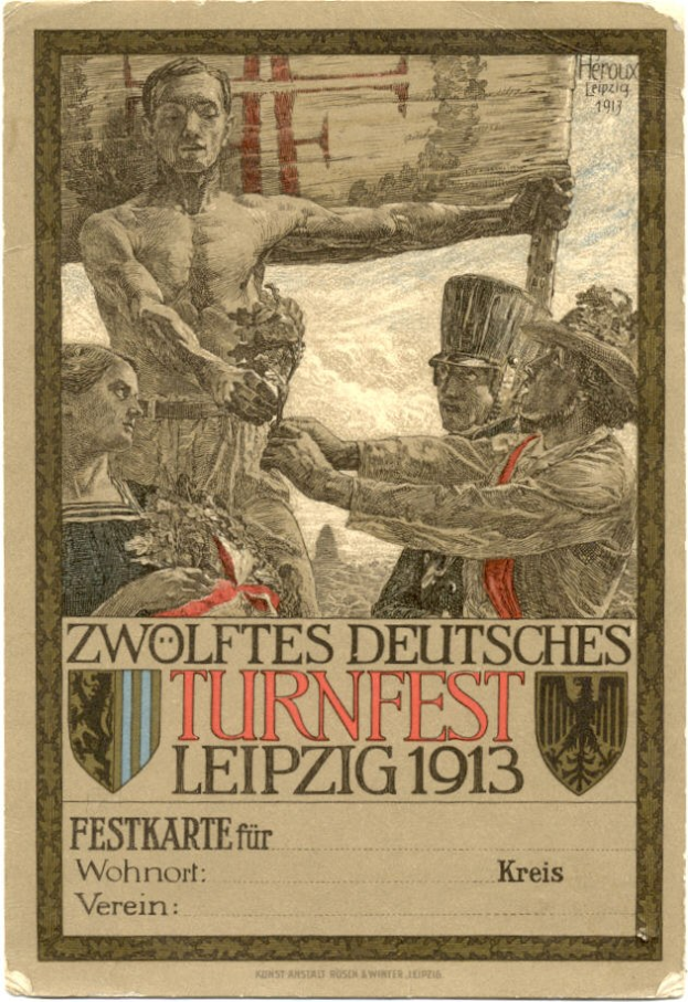 Ein Vintage-Plakat für das Zwölfte Deutsche Turnfest Leipzig 1913, das eine Gruppe von Menschen in der Mitte und Text mit Informationen zum Event zeigt.