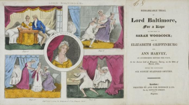 Illustration eines historischen Gerichtsdokuments mit Porträts, Vorhängen und Text, das einen Rechtsstreit zwischen Lord Baltimore und Vergewaltigungsvorwürfen zeigt.