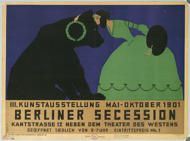 Plakat der Berliner Secession mit einer Frau in grünem Kleid und einem Mann im schwarzen Anzug, mit Textbeschreibung des Ereignisses.