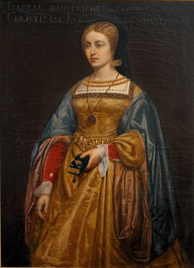 Gemälde von Isabella daustriche in einem goldenen Kleid mit detaillierten Verzierungen, Haar zu einem ordentlichen Knoten gebunden, mit königlicher Ausstrahlung und einem seren expression, von Christierne Roy.