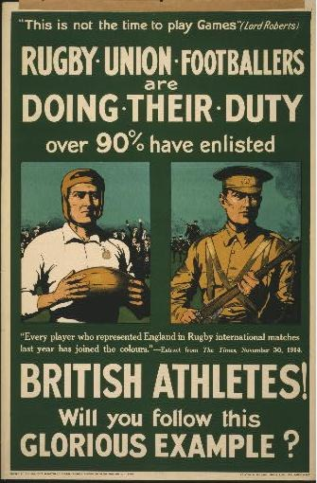 Plakat mit zwei Rugbyspielern in Uniform, Text weist auf über 90% der britischen Athleten hin, die eingezogen wurden.