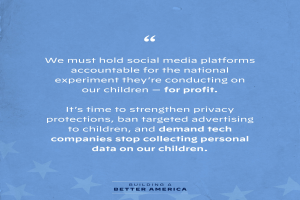 Ein Plakat mit einem Zitat aus Building a Better America, das besagt: "Wir müssen Social-Media-Plattformen für das nationale Experiment zur Rechenschaft ziehen, das sie an unseren Kindern durchführen - zum Profit.", verziert mit Sternen.