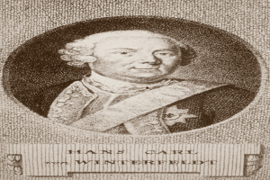 Schwarzes und weißes Portr├Ąt von Hans Carl von Winterfeldt, ein Mann mit ernstem Gesichtsausdruck, mit Text unten auf dem Bild.