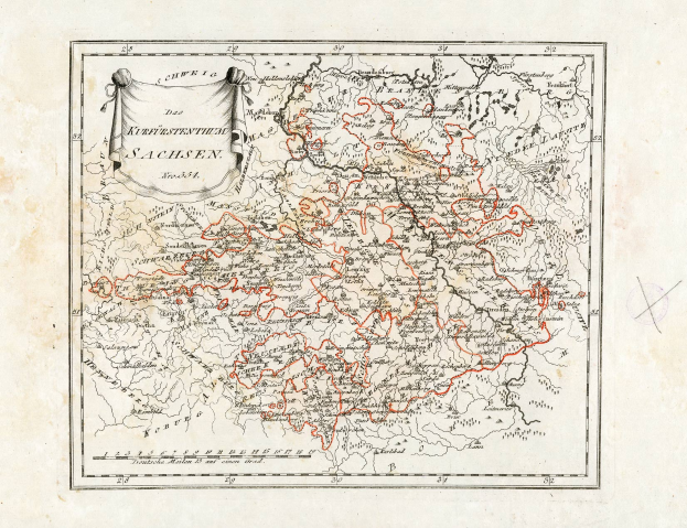 Ein altes Deutschland-Karte mit den Provinzen Sachsen und Sachsen in Rot hervorgehoben, auf strukturiertem Papier mit einem Wasserzeichen auf der rechten Seite.