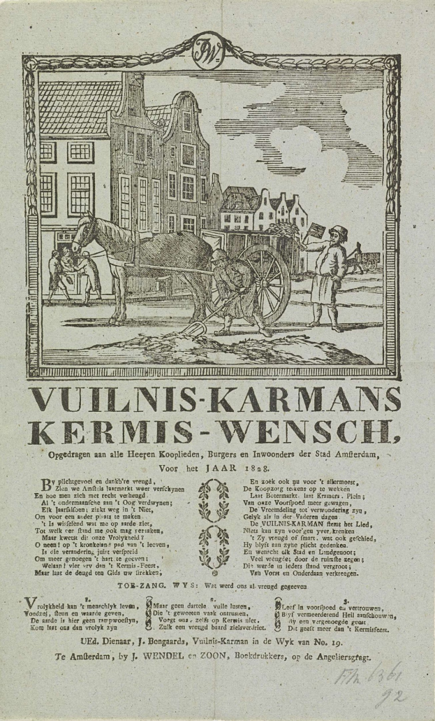 Ein altes Buch mit einer Zeichnung eines Pferdes, das einen Wagen zieht, Menschen und Gebäude im Hintergrund, mit der Aufschrift "Vulnis-Karmans Kermis-Wensch".