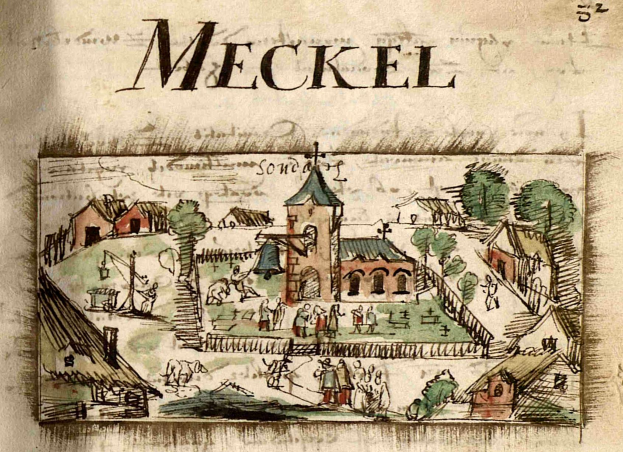 Ein altes Buch mit einer Zeichnung einer mittelalterlichen Stadt mit Häusern, Bäumen und Menschen sowie begleitendem Text.