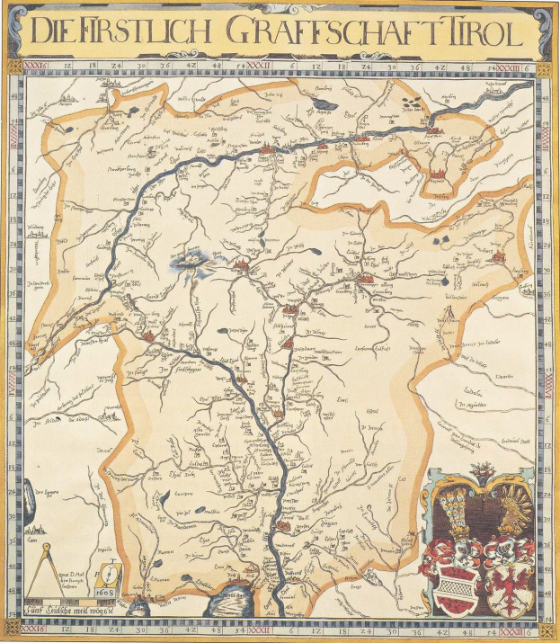 Ein detailliertes historisches Plakat der ersten Grafschaft Tirol mit einer Karte, die geografische Merkmale wie Flüsse, Berge und Städte zeigt, sowie erklärendem Text über die Region und ihre Bewohner.