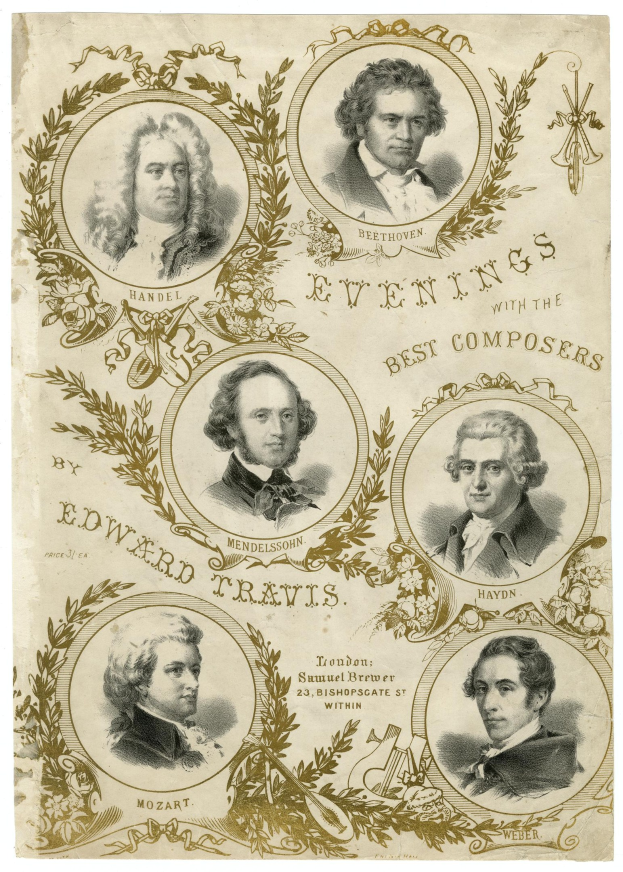 Plakat mit dem Titel "Abende mit den Besten Komponisten von Edward Travis", das fünf lächelnde Individuen verschiedenen Alters, Geschlechts und Ethnien in einem umrandeten Layout zeigt.