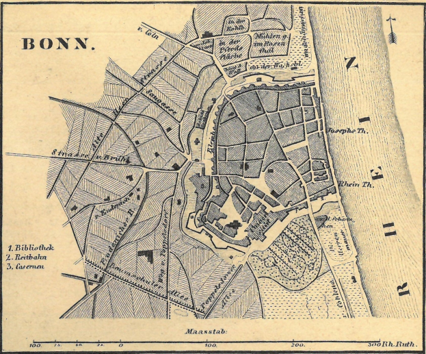 Detailiertes altes Stadtplan von Bonn, Deutschland, zeigt Straßen, Gebäude und Sehenswürdigkeiten mit Textbeschriftungen.