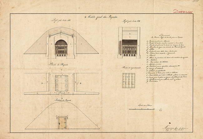 Architektonischer Grundrissplan des Duesseldorfer Museums mit detaillierten Fenstern, Türen und Textanmerkungen auf Papier.