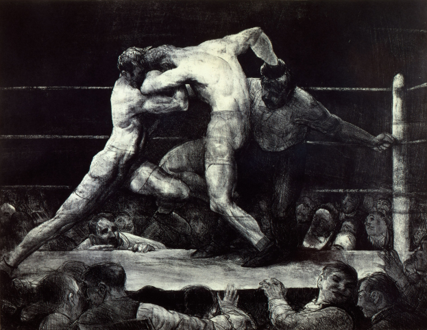 Zwei Boxer in einem Boxring tauschen Schläge aus, während eine jubelnde Menge zusieht.