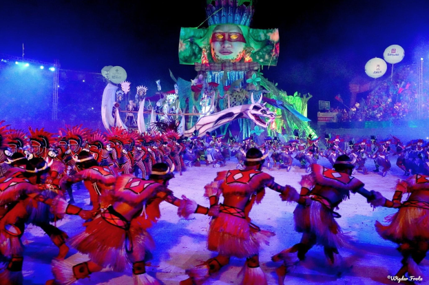 Eine Gruppe von Menschen in bunten Kostümen tanzt auf einer Bühne vor einem sitzenden Publikum, mit Lichtern, Stangen und Ballons, und ein Bildschirm zeigt im Hintergrund eine Person, während des Karnevals in Rio de Janeiro 2014.
