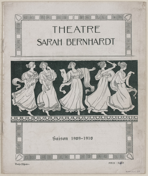 Plakat für das Theatre Sarah Bernhardt von 1909–1910, das eine Gruppe Frauen in der Mitte zeigt, umgeben von Texten, die das Theater und seine Künstler beschreiben.