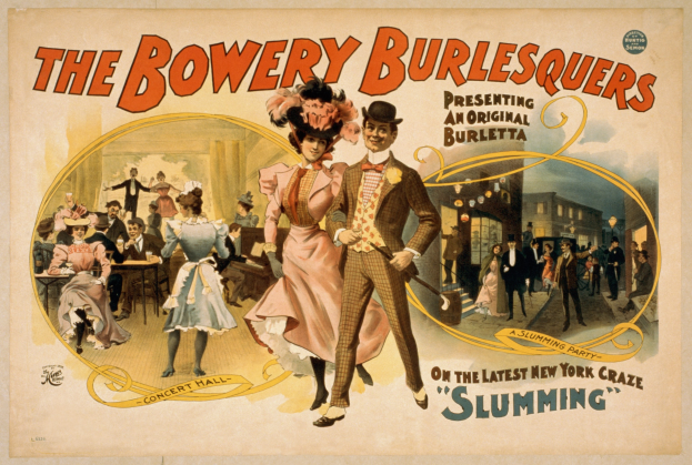 Plakat für "The Bowery Burlesquers" mit einer Gruppe von Tänzerinnen und Tänzern vor Gebäuden, mit Text zur Beschreibung des Ereignisses.