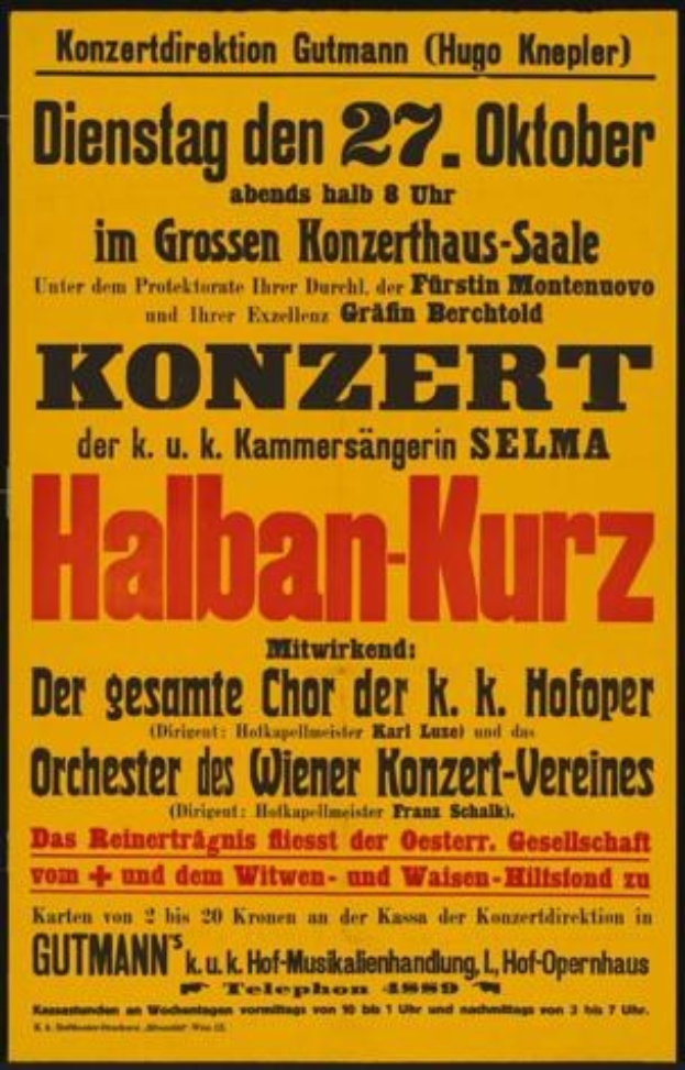 Ein gelbes Plakat, das ein Konzert in Berlin, Deutschland, ank├╝ndigt, mit dem Text "Konzert Halban-Kurz".
