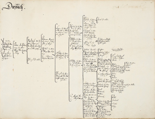 Offenes Buch mit handgeschriebener genealogischer Familiengeschichte der deutschen Familie.