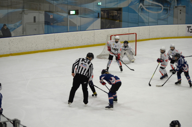 Eine Gruppe von Menschen spielt Eisockey auf einem Eis, trägt Helme und hält Hockeystöcke, mit einem Netz in der Mitte, Zuschauern auf der linken Seite und einer Werbung an der Wand im Hintergrund.
