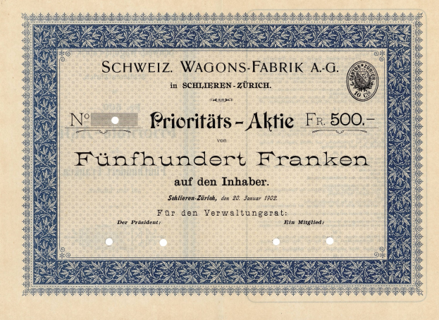 Ein altes deutsches Aktienpapier mit blauem Rand, auf dem der Text 'Schweiz Wagons-Fabrik A.G.' steht