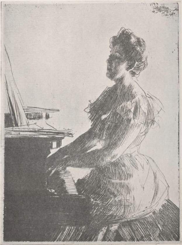 Eine Frau in einem weißen Kleid mit einem Dutt sitzt an einem Piano, die Hände über den Tasten schweben, die Augen geschlossen in Konzentration, ihr Gesicht von warmem Licht beleuchtet.