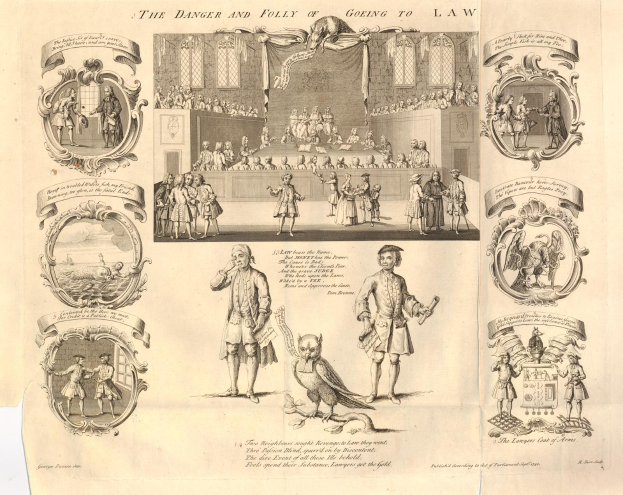 Ein Blatt mit Bildern von verstörten Menschen und fettem Text, der vor den Gefahren des Gang zum Gericht warnt.