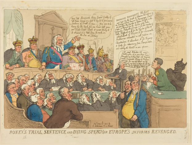 Cartoon einer Gerichtsszene mit dem Titel 'Boney's Trial, Sentence, and Dying Speech Europe's Injuries Revenged', das einen stehenden Mann in der Mitte, sitzende Personen und einen Tisch mit Gegenständen auf der rechten Seite zeigt.