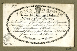 Eine alte Visitenkarte mit einem Bild von John Brodie Bread & Biscuit Baker und einem Text über die Angebote der Bäckerei.