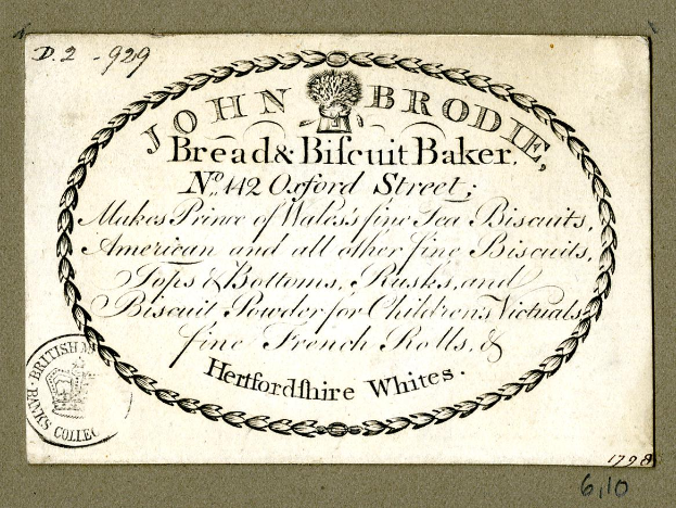 Eine alte Visitenkarte mit einem Bild von John Brodie Bread & Biscuit Baker und einem Text über die Angebote der Bäckerei.
