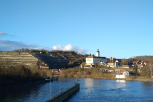 Eine malerische Ansicht des Rheins in Deutschland, mit einer Brücke, Laternenpfählen, Bäumen, Gebäuden entlang der Riverbank und einem Hügel im Hintergrund bei bewölktem Himmel.