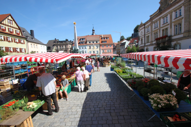 Ein belebter Markt im alten Stadtkern von Heidelberg mit Menschen, die gehen, sitzen und stehen, in der Nähe von Tischen und Zelten mit Gemüse und gegen Gebäude, Bäume und einen klaren Himmel.