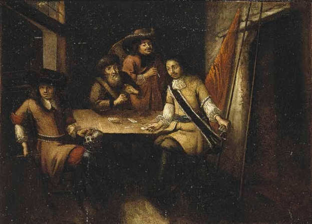 Gemälde mit dem Titel 'Das Kartenspiel' von Rembrandt van Rijn, das eine Gruppe von Menschen bei einem Kartenspiel an einem Tisch in einer Schenke zeigt, mit Karten und Gegenständen auf dem Tisch, einem Vorhang rechts und einem Fenster im Hintergrund.