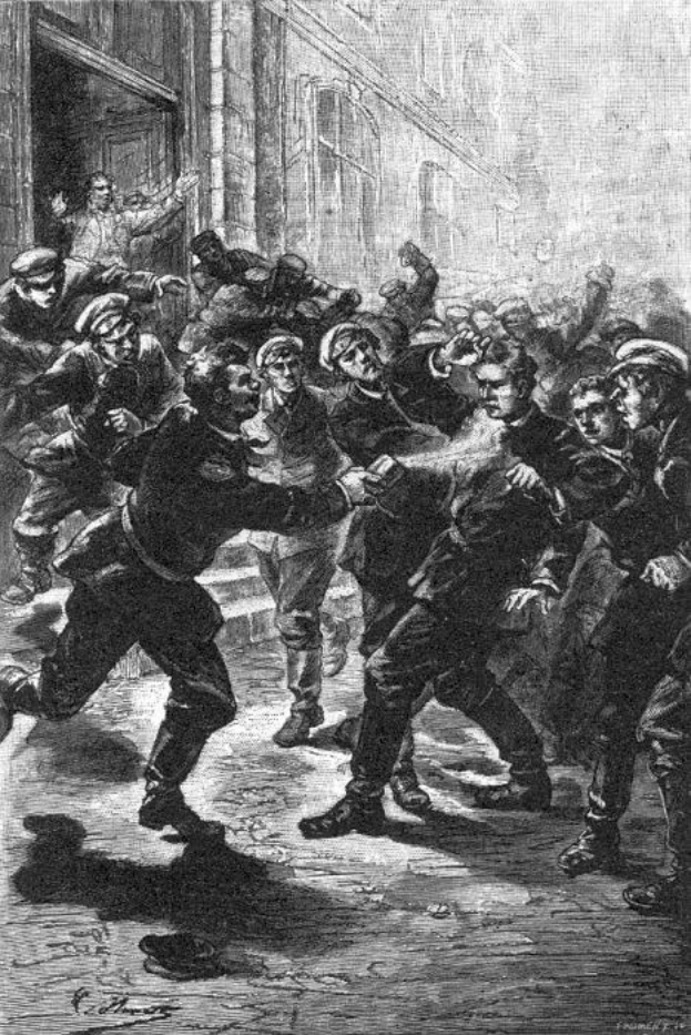 Schwarz-weiß-Illustration einer gewalttätigen Straßenunruhen unter einer Gruppe von Männern, mit einem Gebäude im Hintergrund und der Beschriftung "Victorian riots in London, England" unten.
