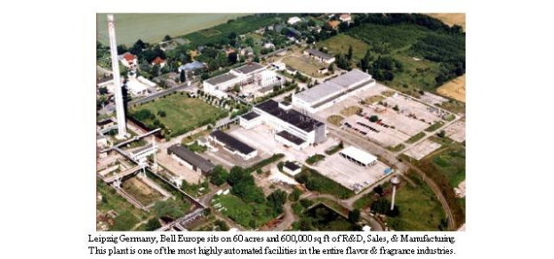 Luftaufnahme eines großen Industriegebiets in Leipzig, Deutschland, beschriftet mit "Bell Europe", mit Gebäuden, Bäumen, Pflanzen, Gras, Straßen und Masten.