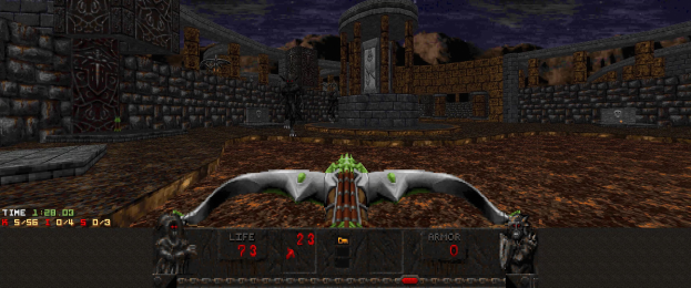 Ein Dungeon in *Dungeon Master II* mit einem von Wänden, Säulen und Gegenständen umgebenen Drachen, mit Spielstatistiken unten.