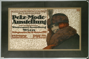 Plakat für ein Wintersport-Event in Wien, Österreich, mit einer lachenden Frau in einem Pelzmantel und einer Mütze sowie Event-Details im Text.