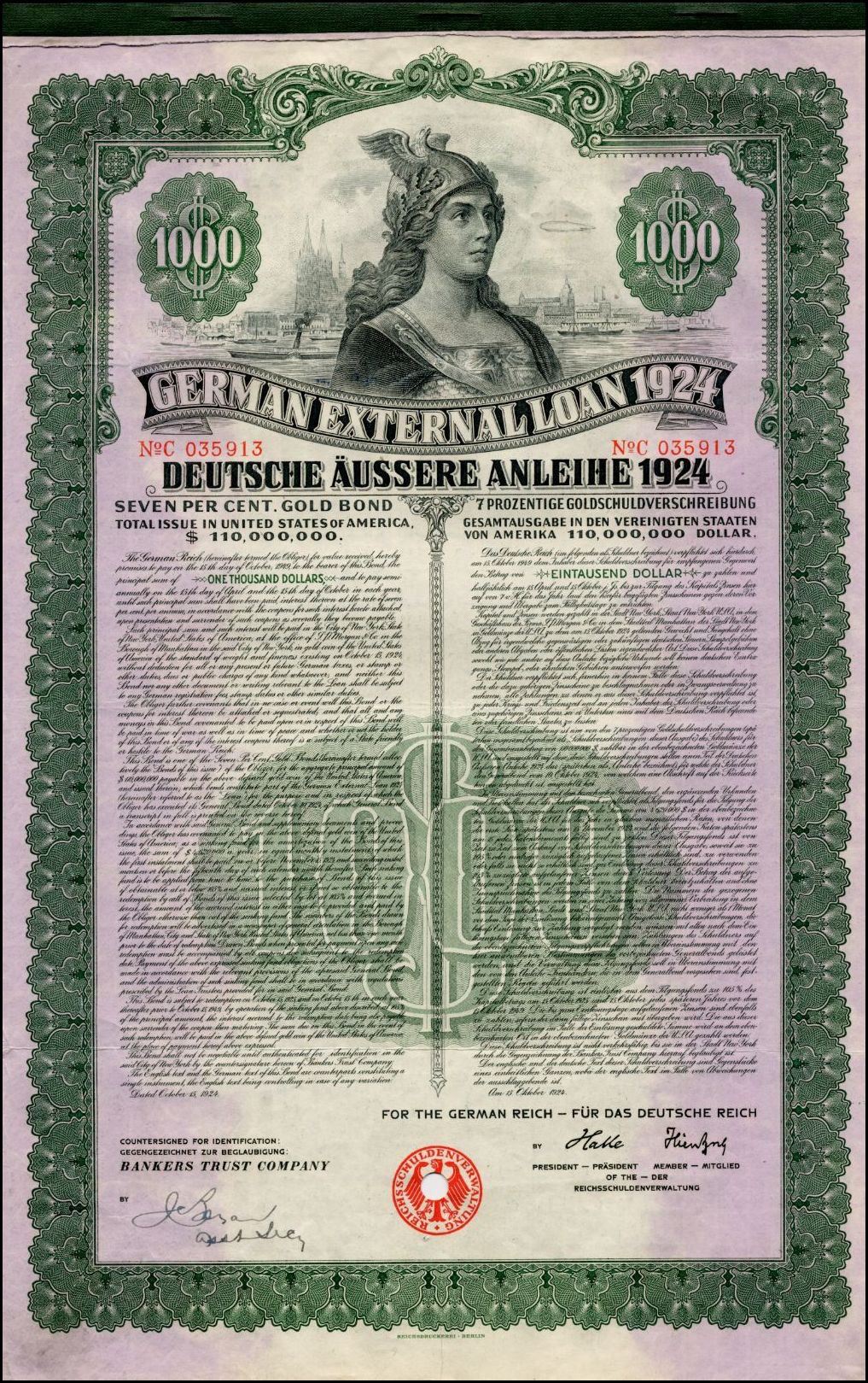 Deutsches Auslandsdarlehen-Zertifikat von 1924 mit Abbildung einer Frau und gedruckten Text- und numerischen Nennbetragswerten