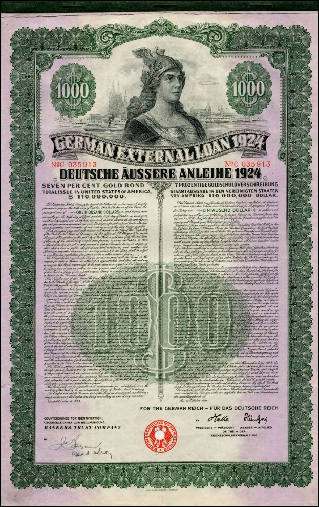 Deutsches Auslandsdarlehen-Zertifikat von 1924 mit Abbildung einer Frau und gedruckten Text- und numerischen Nennbetragswerten