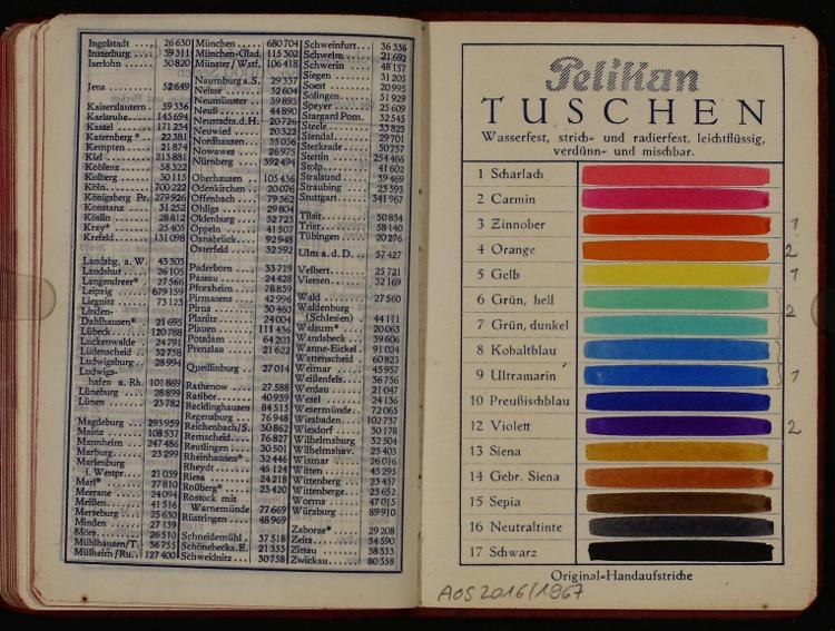 Offenes Buch mit bunten Seiten und Textbeispielen gegen einen dunklen Hintergrund, ├Ąhnlich einem deutschen Handbuch.