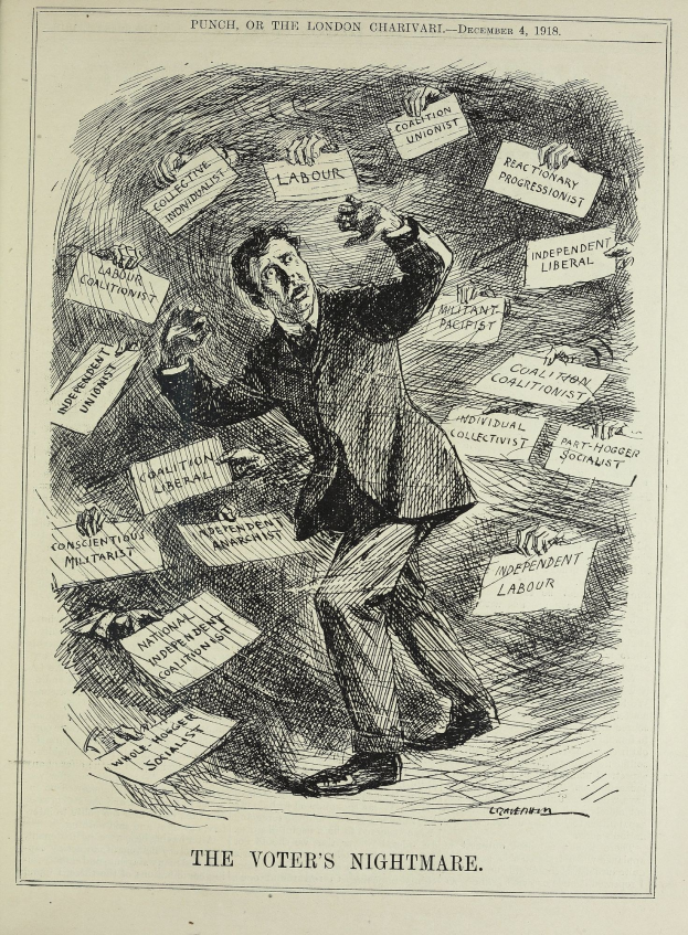 Ein Blatt mit einer Zeichnung eines Mannes in Anzug, der ein Schild hält mit der Aufschrift "Der Albtraum des Wählers" und einem entschlossenen Gesichtsausdruck.