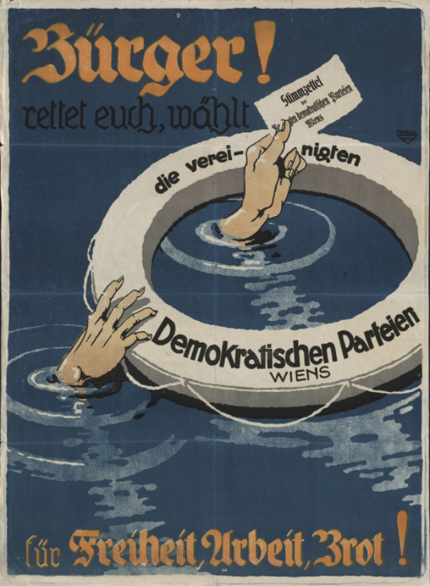 Ein Propagandaplakat mit einer Person, die Hände ins Wasser hält und ein Blatt Papier mit Text darauf.