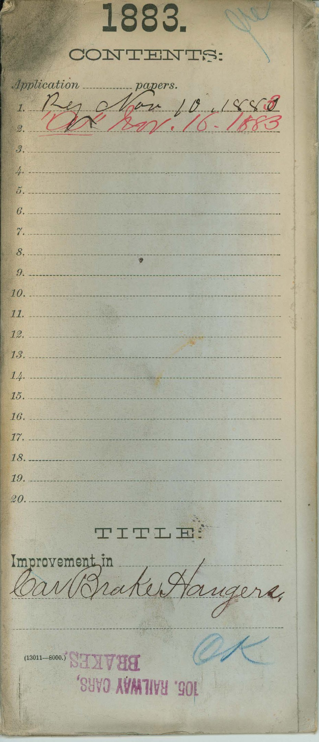 Ein offenes altes Buch aus dem Jahr 1883, das eine Liste von Verbesserungen für die Eisenbahnwagen von Brakes zeigt.