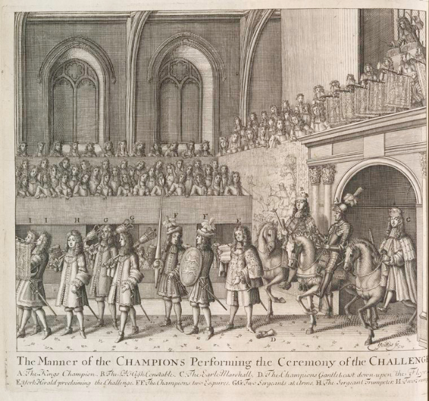 Eine Zeichnung einer Gruppe von Menschen, einige auf Pferden, vor einer Menge mit einem Gebäude im Hintergrund, mit Text unten, der "Die Art der Champions bei der Zeremonie der Herausforderung" liest.