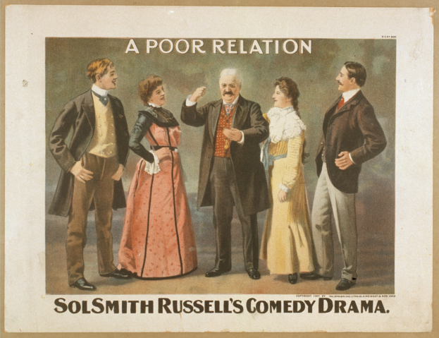 Plakat f"ur "Sol Smith Russells Comedy-Drama: Eine schlechte Beziehung" mit einer Gruppe von locker gekleideten Menschen verschiedenen Alters und Geschlechts, die vor einem hellblauen Hintergrund stehen.