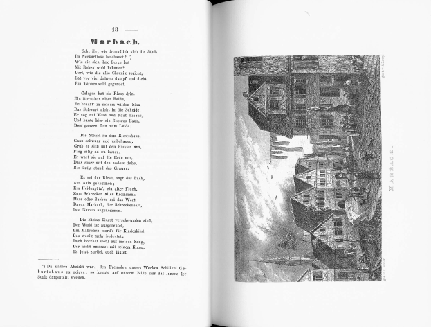 Offenes Buch mit dem Titel 'Die Geschichte Deutschlands' zeigt eine Schwarz-Weiß-Illustration einer Stadtlandschaft mit Gebäuden, Menschen und Himmel, begleitet von Text.