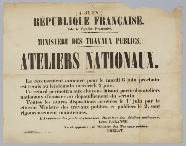 Papier mit gedrucktem Text "Ateliers Nationaux - République Française - Ministère des Travaux Publics".