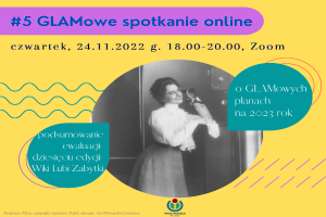 Ein Plakat mit einem selbstbewussten Model in stylischer Kleidung und der fetten Schrift "5 glamowe spotkanie online".