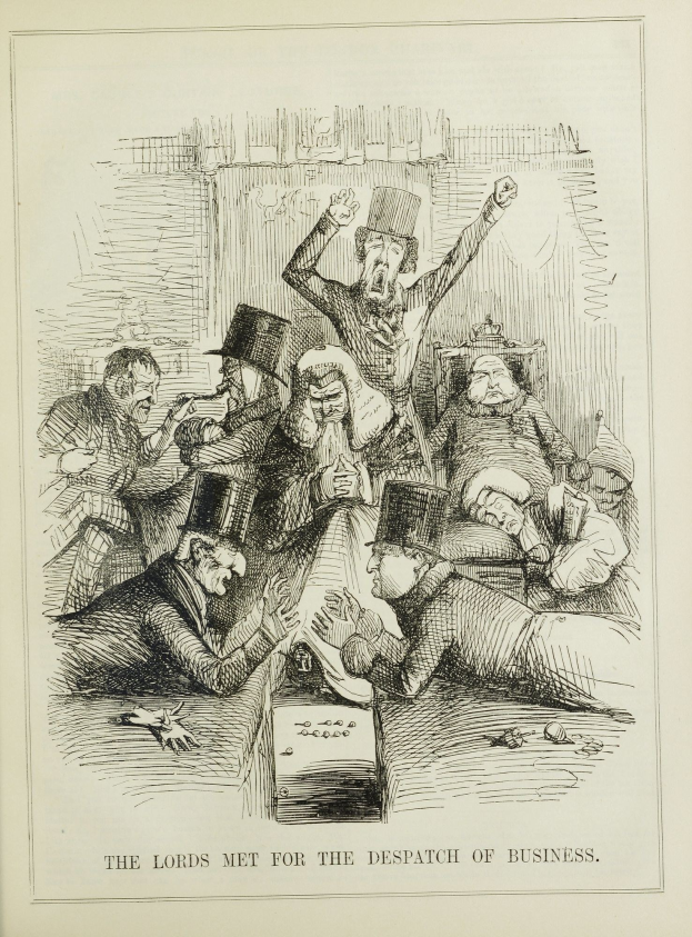 Eine historische Illustration, die eine Gruppe von Menschen in Not zeigt, wobei einige ängstlich nach oben und andere verwirrt nach unten schauen, begleitet von einem Text, der "Die Lords trafen sich zur Geschäftsabwicklung" lautet.