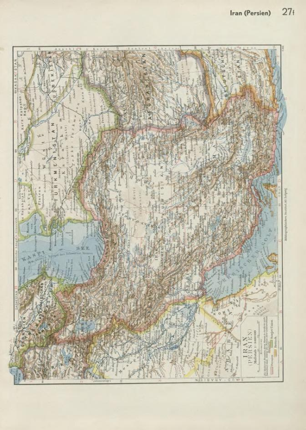 Alte Karte aus dem 19. Jahrhundert von Iran mit geografischen Merkmalen, Text oben und unten und blauen, grünen, gelben und roten Farben.
