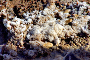 Ein Nahaufnahme eines Felsens, der mit weißem Salz bedeckt ist und von ein paar kleineren Steinen umgeben ist.