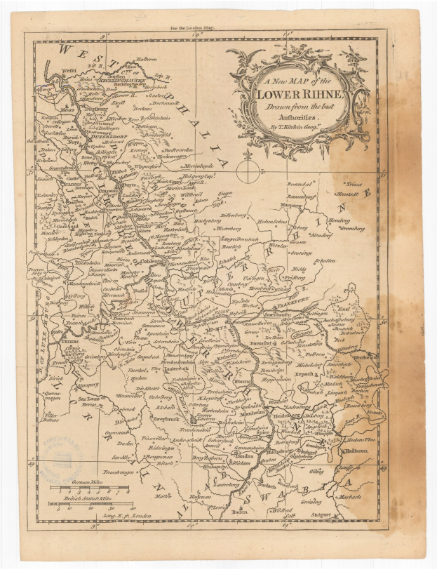Detailierte alte Karte des Niederrheins mit klassischer Schrift, die Flüsse, Berge und Städte zeigt.