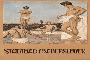 Plakat wirbt für ein Schwimmbad in Aschersleben, Deutschland, mit Menschen im Wasser und einer sitzenden Person sowie Textinformationen.